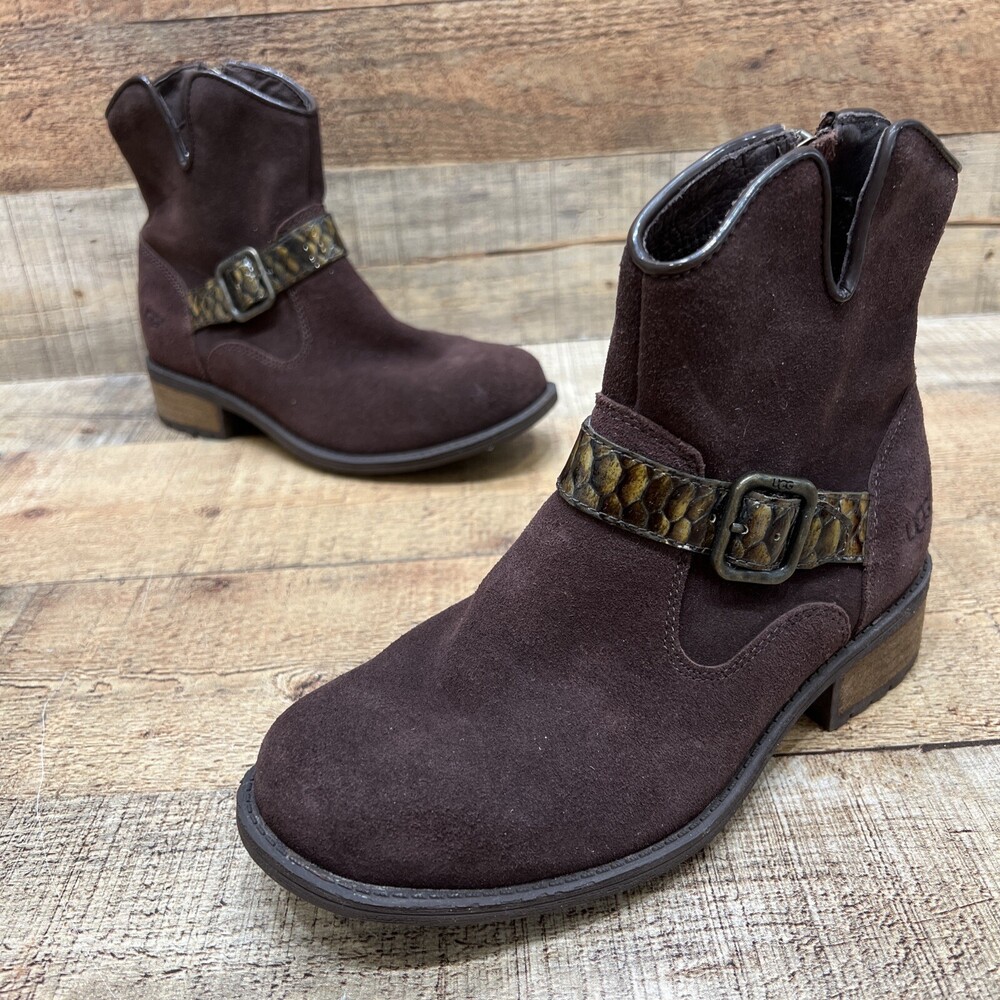Ugg Australia Womens Brown Suede Snake Patent Leather Buckle Ankle Booties Sz 6